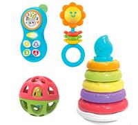 Winfun 46885 - Set 4 actividades bebé recién nacido / Incluye sonajero con mordedor, teléfono con luz y melodías, bola con sonajero y tentetieso / Regalo para bebés