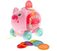 Winfun Hucha de Cerdito bebé, Cuerda Arrastre, 10 Monedas Colores, +30 Sonidos, +37 Palabras y Frases, Español e inglés, Luz Parpadeante, Dos Modos de Juego, +6 Meses, Juguete Interactivo (39364)