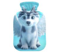 Winged Dog Blue Eyes - Botella de agua caliente con funda de terciopelo suave, bolsa de agua caliente para compresas frías y calientes, 2 litros