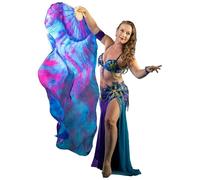 Winged Sirenny Abanicos Velos Seda Natural 180 cm para Danza del Vientre, Tribal, Fusión, Pintados a Mano, Mango de Bambú Ajustable, 2 Unidades (Par) (Sueño de sirena)