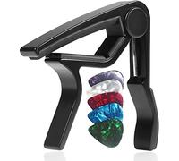 WiNGO Cejilla de Guitarra para Electrica Acustica Folk Ukelele Bajo Guitar Aleación de Aluminio Guitar Capo con 5 Púas de Guitarra, Negra.