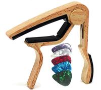 WiNGO Cejilla de Guitarra para Electrica Acústica Folk Ukelele Bajo Guitar Aleación de Aluminio Guitar Capo con 5 Púas de Guitarra, Natural Madera Color.