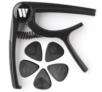 WINGO Cejilla para guitarra acústica y eléctrica, ukelele, mandolina, banjo, color negro, con 5 púas antideslizantes.