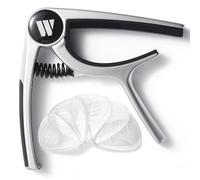 WINGO Cejilla para guitarra acústica y eléctrica, ukelele, mandolina, banjo, plata con 5 púas antideslizantes.