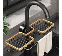 WINGSIGHT Soporte de esponja para grifo, organizador para fregadero de cocina, organizador sobre grifo, estante de drenaje para fregadero (doble con estante de paño de cocina, dorado)