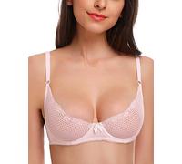 Wingslove Sujetador Mujer Encaje Sexy de 1/2 Taza con Aros sin Relleno Ver a Través de Calcón sin Forro(Rosa Claro,95C)