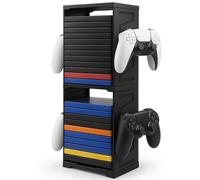 WinHUb Soporte de torre de almacenamiento de juegos para PS5, PS4, Xbox Series X/S, Xbox One, Switch y discos Blu-Ray, organizador de 24 discos con controlador y ganchos para auriculares, ahorro de