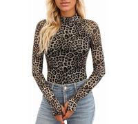 WINKEEY Camiseta Manga Larga Mujer Corte Ajustado Estampado de Leopardo Flores Rotas Blusas de Mujer Elegantes Cómodas Suaves Stretchy Camisas de Fondo Ropa Mujer,Estampado de Leopardo L