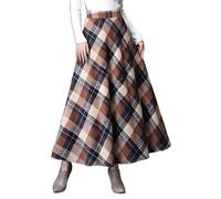 WINKEEY Faldas Mujer con Forro y Bolsillos Cintura Elástica Cremallera Lateral Faldas a Cuadros Cómodas Falda Larga Mujer,Caqui Negro XL