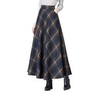 WINKEEY Faldas Mujer con Forro y Bolsillos Cintura Elástica Cremallera Lateral Faldas a Cuadros Cómodas Falda Larga Mujer,Azul Marino 2XL