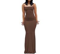 WINKEEY Mujer Color Sólido Espaguetis Correa sin Mangas sin Espalda Bodycon Maxi Vestido Lounge Slip Vestidos Largos (M,Marrón)