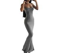 WINKEEY Mujer Color Sólido Espaguetis Correa sin Mangas sin Espalda Bodycon Maxi Vestido Lounge Slip Vestidos Largos (XS,Gris)