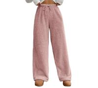WINKEEY Mujer Pantalones de Pijama Largo Peludo Color Sólido Pantalon Pijama Mujers Elegante Cómodas Partes de Abajo de Pijamas Otoño Invierno,Rosa S
