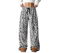 WINKEEY Mujer Pantalones de Pijama Largo Peludo Leopardo Pantalon Pijama Mujers Suaves Cómodas Partes de Abajo de Pijamas Otoño Invierno,Blanco S