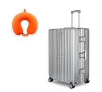 WINLIFE Maleta de viaje tamaño XL, marco de aluminio con ABS + cojín cervical naranja y candado de número TSA, 75 cm, maletín rígido, maletín grande, color plata