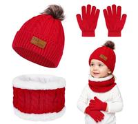 Winmany 3PCS Niños Invierno Gorros Guantes Bufanda Conjunto Niño Polar Cuello Calentador Gorro con Pom Conjunto de Mitones de Punto para Niña Niño (Roja)