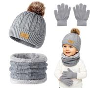 Winmany 3PCS Niños Invierno Gorros Guantes Bufanda Conjunto Niño Polar Cuello Calentador Gorro con Pom Conjunto de Mitones de Punto para Niña Niño (Gris)
