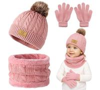 Winmany 3PCS Niños Invierno Gorros Guantes Bufanda Conjunto Niño Polar Cuello Calentador Gorro con Pom Conjunto de Mitones de Punto para Niña Niño (Rosada)