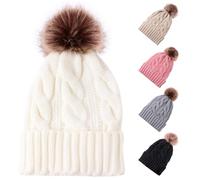 Winmany Gorro de invierno cálido para mujer, gorro de punto con pompón, gorro de esquí para mujeres y niñas, Blanco, talla única