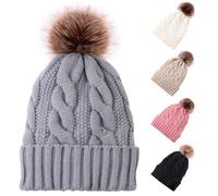 Winmany Gorro de invierno cálido para mujer, gorro de punto con pompón, tela de nieve, calavera y esquí, para mujeres y niñas, Gris, talla única