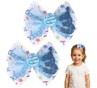 Winmany Paquete de 2 lazos para el pelo de cumpleaños para niñas pequeñas, color rosa fresa y azul, pinzas para el pelo con números brillantes para edades de 1 a 6 años, accesorios de fiesta