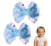 Winmany Paquete de 2 lazos para el pelo de cumpleaños para niñas pequeñas, color rosa fresa y azul, pinzas para el pelo con números brillantes para edades de 1 a 6 años, accesorios de fiesta