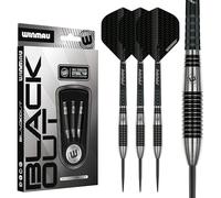 WINMAU Blackout Series - Dardos de punta de acero para torpedos de 25 g, 90% tungsteno, punta de metal profesional con plumas y cañas, dardos de torneo, para entrenamiento y competición