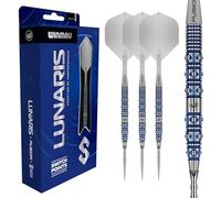 WINMAU Lunaris Darts - Dardos profesionales 90 % tungsteno | barriles paralelos azules y plateados | tecnología Switch Point | 2 puntas intercambiables | Fusión corta y plumas | Dardos 22/23/24/25 g