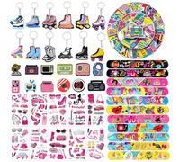 WINMIND 96 piezas de recuerdos de fiesta de los años 80 y 90, suministros de fiesta con dijes de zapatos, llaveros a granel, pulseras de bofetadas, tatuajes, calcomanías y calcomanías para niños