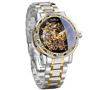 Winner - Reloj de pulsera mecánico manual retro con diamantes y flores talladas para hombre, reloj de pulsera mecánico clásico con números romanos, PlataNegro, Estilo casual