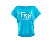 WINSHAPE Damen Ultra leichtes Modal-Kurzarmshirt MCT002 mit weißem „First I Need Coffee” Glitzer-Aufdruck Camiseta, Azul Cielo y Blanco, M para Mujer