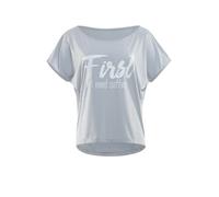 WINSHAPE Damen Ultra leichtes Modal-Kurzarmshirt MCT002 mit weißem „First I Need Coffee” Glitzer-Aufdruck Camiseta, Gris y Blanco, L para Mujer