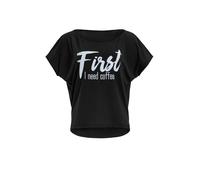 WINSHAPE Mcs001 - Camiseta de Manga Corta Ultraligera para Mujer, Modelo 3/4, con Estampado de Purpurina Blanca First I Need Coffee, Negro/Blanco-Brillo, S
