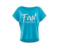 WINSHAPE Damen Ultra leichtes Modal-Kurzarmshirt MCT002 mit weißem „First I Need Coffee” Glitzer-Aufdruck Camiseta, Azul Cielo y Blanco, M para Mujer