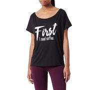 WINSHAPE Mcs001 - Camiseta de Manga Corta Ultraligera para Mujer, Modelo 3/4, con Estampado de Purpurina Blanca First I Need Coffee, Negro/Blanco-Brillo, S