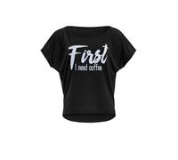 WINSHAPE Mcs001 - Camiseta Ultraligera de Manga 3/4 para Mujer, con Texto en inglés First I Need Coffee, Mujer, Camiseta, MCT002-SCHWARZ-WEISS-COFFEE, Negro y Blanco Brillante, Extra-Large