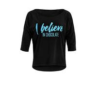 WINSHAPE Women's Damen Ultra Leichtes Modal-3/4-arm Shirt Mcs001 Mit Neon Blauem „i Believe in Chocolate” Glitzer-Aufdruck Yoga Shirt