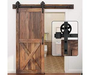 WINSOON 150 cm Soltero Kit Guia Puerta Corredera Rodillo de rueda negro básico Armario de garaje Acero al carbono soltero madera Puerta corredera de granero Kit de hardware Cojinete pesado