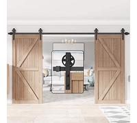 WINSOON 400cm Kit Guia Puerta Corredera Rodillo de rueda negro básico Armario de garaje Acero al carbono Doble madera Puerta corredera de granero Kit de hardware Cojinete pesado
