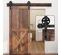 Winsoon - Kit para puerta corredera individual de madera de 1,5-4,8 m, negro, kit de rodillos de rueda de radios grandes, para garaje, armario, acero al carbono, sistema de rieles planos (2,28 m)