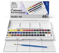 Winsor and Newton. Acuarela Cotman, set de estudio, 45 medias sartenes y 1 pincel redondo para acuarela Cotman