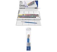 Winsor & Newton Cotman - Set de Acuarela de 45 Medio Godets + Set de 4 Pinceles para Acuarela, Varios Tamaños