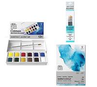 Winsor & Newton Cotman - Set de Acuarela Sketcher 12 Medio Godets + Set de 6 Pinceles Foundation + Bloc de Papel 300g A4