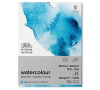Winsor & Newton Papel de Acuarela Clásico, Grano Fino, 300gr, Mezcla de 25% Algodón y Fibras de Celulosa, Blanco Natural, Libre de Ácidos, 30,5 x 40,6cm, Bloc Encolado Por 1 Cara, 12 Hojas