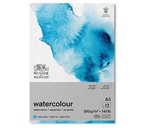 Winsor & Newton Papel de Acuarela Clásico, Grano Fino, 300gr, Mezcla de 25% Algodón y Fibras de Celulosa, Blanco Natural, Libre de Ácidos, DIN A3, Bloc Encolado Por 1 Cara, 12 Hojas