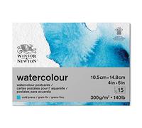 Winsor & Newton Papel de Acuarela Clásico, Grano Fino, 300gr, Mezcla de 25% Algodón y Fibras de Celulosa, Blanco Natural, Libre de Ácidos, DIN A6, Bloc Encolado Por 1 Cara, Postales, 15 Hojas