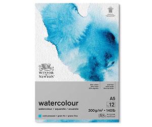 Winsor & Newton Papel de Acuarela Clásico, Grano Fino, 300gr, Mezcla de 25% Algodón y Fibras de Celulosa, Blanco Natural, Libre de Ácidos, DIN A5, Bloc Encolado Por 1 Cara, 12 Hojas