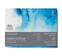 Winsor & Newton Papel de Acuarela Profesional, Grano Fino, 300gr, 100% Algodón, Blanco Natural, Libre de Ácidos, 22,9X30,5CM, Bloc Encolado en los 4 Lados, 20 Hojas