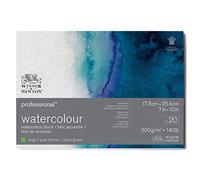 Winsor & Newton Papel de Acuarela Profesional, Grano Grueso, 300gr, 100% Algodón, Blanco Natural, Libre de Ácidos, 17,8X25,4CM, Bloc Encolado en los 4 Lados, 20 Hojas