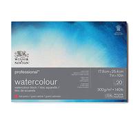 Winsor & Newton Papel de Acuarela Profesional, Grano Satinado, 300gr, 100% Algodón, Blanco Natural, Libre de Ácidos, 17,8X25,4CM, Bloc Encolado en los 4 Lados, 20 Hojas